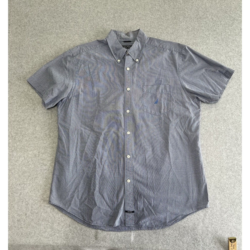 Nautica Mens Sanded Poplin Short‎ Sleeve Button Down Blue & White Grid Size L